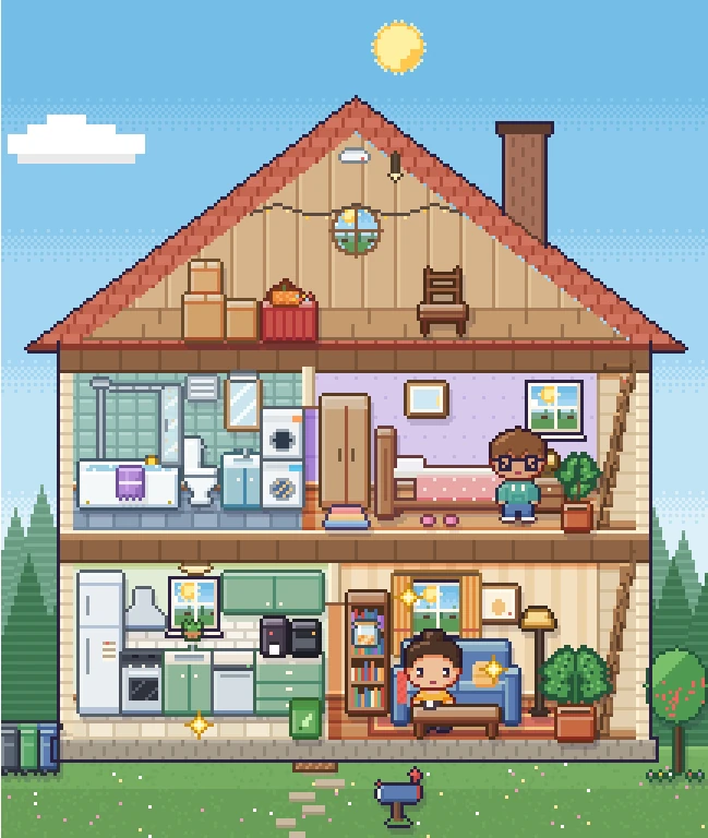 The CozyHaus pixel dollhouse by day, cut open to show the rooms